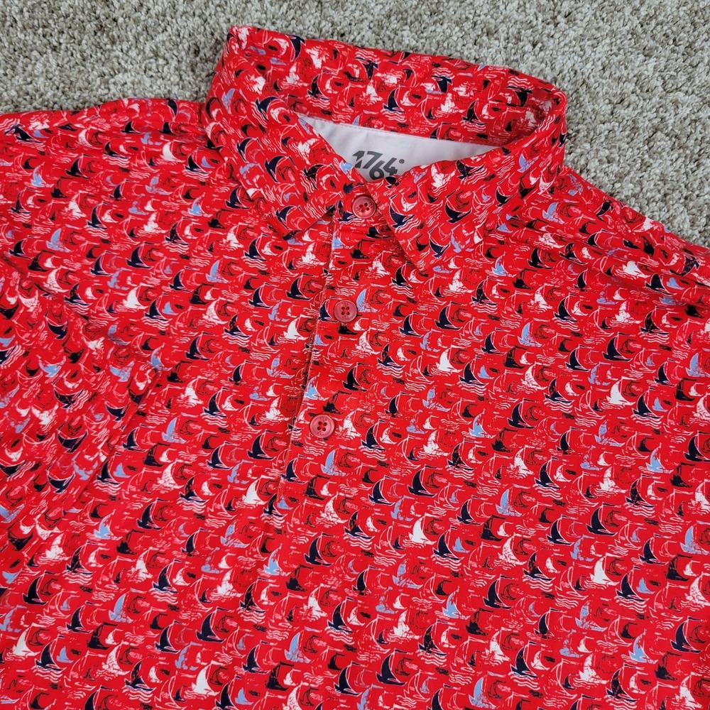 1764 Mens Medium Red AOP Sailboats Performance Stretch Golf Polo SS